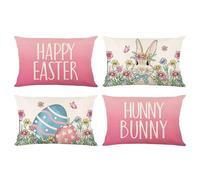 Artscope Set of 4 Happy Happy Easter Pink Rabbit Bunny Cushion Covers 30x50cm Spring Easter Holiday with Colorful Eggs Love Hearts Pillowcase Cover for Sofa Living Room Holiday Decor