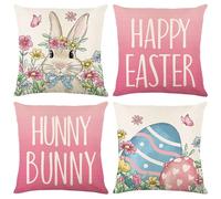 Artscope Set of 4 Happy Happy Easter Pink Rabbit Bunny Cushion Covers 50x50cm Spring Easter Holiday with Colorful Eggs Love Hearts Pillowcase Cover for Sofa Living Room Holiday Decor