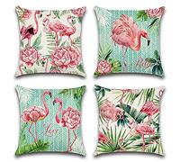 Artscope Set of 4 Waterproof Cushion Covers 45x45cm, Decorative Flamingo and Pink Flowers Pattern Throw Pillow Covers, Perfect to Outdoor Patio Garden Bench Living Room Sofa Farmhouse Decor