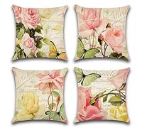 Artscope Set of 4 Waterproof Cushion Covers 45x45cm, Decorative Pink Roses Throw Pillow Covers, Perfect to Outdoor Patio Garden Bench Living Room Sofa Farmhouse Decor
