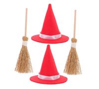 ARTSEWPLY 2 Sets Halloween Mini Witch Hat and Broom DIY Accessories for Dollhouse Scene Layout Red Natural Straw Brooms Miniature Home Decor for Halloween Party and Craft