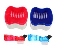 ARTSEWPLY 2pcs Denture Storage Box with Strainer Basket and Brush Portable False Teeth Soaking Case for Home and Travel Complete Oral Care Kit for Braces and Retainers
