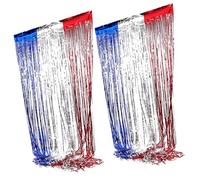 ARTSEWPLY 2pcs July Foil Fringe Tinsel Curtains Independence Day Party Backdrop Decorations Red Silver Blue Photo Booth Wall Garland