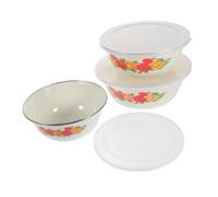 ARTSEWPLY 3Pcs Enamel Mixing Bowls with Transparent Lids Floral Pattern Fresh Keeping Bowls for Salad Instant Noodles Soup Easy Clean Food Storage Containers