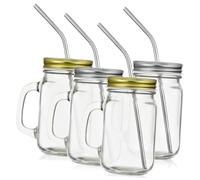 ARTSEWPLY 4 Pcs Glass Mason Mugs with Ergonomic Handle Leak Lid and Stainless Steel Straw Square Transparent Drinking Jars for Water Juice Milk Hot and Cold Beverages