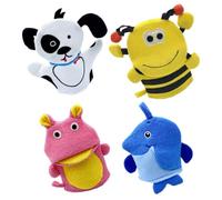 ARTSEWPLY 4pcs Bath Mitts Cartoon Animal Exfoliating Gloves for Body Scrubbing Comfortable Washcloths Set with Bee, Hippo, Dog, Penguin for Bathing and Shower