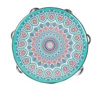 ARTSEWPLY 8-inch Dunhuang Style Hand Shaking Tambourine with Single Row Jingles, Green Heart Pattern, Musical Instrument for Adults and Children, Ethnic Percussion Drum for Music Parties and Education