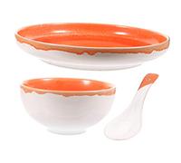 ARTSEWPLY Ceramic Tableware Set for One Person Orange Vintage Pattern Dinnerware Kit with Bowl Plate Spoon Sturdy Dishwasher Safe Porcelain for Home Office Use Decorative and Practical