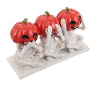 ARTSEWPLY Halloween Pumpkin Skeleton Resin Figurine No Evil Hear See Speak Skull Statue Spooky Table Centerpiece Haunted House Decor for Party and Home
