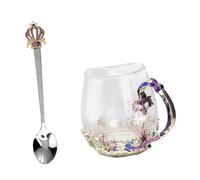 ARTSEWPLY Multifunctional Glass Crown Mug Water Cup with Spoon Reusable Enamel Crystal Tea Cup for Home Office Cafe for Coffee Tea Milk Juice