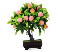 ARTSEWPLY Realistic Faux Bonsai Tree Small Artificial Peach Bonsai with Symbolic Welcoming Design Maintenance Greenery for Home Office Desk Shelf Decor