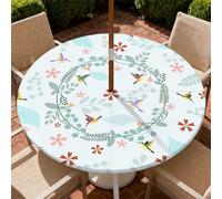 ARTSGOO Round Outdoor Tablecloth with Parasol Hole 150cm/60in, Garland Hummingbird Wipeable Waterproof Elastic Edge Fitted Table Cover for Patio, Garden & Terrace Dining - Durable Non-Woven Fabric