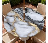 ARTSGOO Round Outdoor Tablecloth with Parasol Hole 150cm/60in, Grey Marble Wipeable Waterproof Elastic Edge Fitted Table Cover for Patio, Garden & Terrace Dining - Durable Non-Woven Fabric