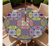 ARTSGOO Round Outdoor Tablecloth with Parasol Hole 150cm/60in, Vintage Circles Wipeable Waterproof Elastic Edge Fitted Table Cover for Patio, Garden & Terrace Dining - Durable Non-Woven Fabric