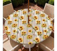 ARTSGOO Round Outdoor Tablecloth with Parasol Hole 90cm/36in, Wood Grain Sunflower Wipeable Waterproof Elastic Edge Fitted Table Cover for Patio, Garden & Terrace Dining - Durable Non-Woven Fabric