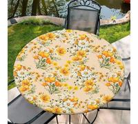 artslion Round Tablecloth Φ120cm/48in Wipe Clean Table Cloths with Elastic, Water-repellent Durable Scratch Resistant Table Cover Protector for Dining room, Balcony, Garden-Yellow Daisy Floral