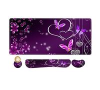 ARTSO Large Gaming Mouse Pad, Keyboard Wrist Rest Pad & Wrist Support Mousepad Set, Stitched Edge, Extended, Non-Slip Base, Memory Foam Desk Mat for Office, Home, Purple Heart Butterfly