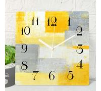 ArtSocket 12 Inch Silent Non-Ticking Wall Clock, Modern Vintage Style, Yellow Grey White Abstract Painting, Battery Operated, Analog Display