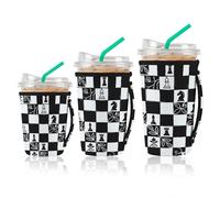 Artsocket 3 Pack Reusable Iced Coffee Sleeve with Handle, Neoprene Cup Insulator For Cold Drinks, Cup Holder Cover Fits 16oz - 32oz Samll Medium & Large Cups (Floral Chess）