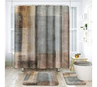 ArtSocket 4 Pcs Shower Curtain Set Beige Grey Abstract Painting Brown with Non-Slip Rugs Toilet Lid Cover and Bath Mat Bathroom Decor Set 72" x 72"