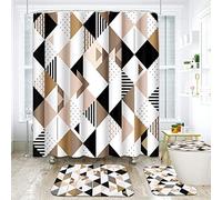 ArtSocket 4 Pcs Shower Curtain Set Beige Grey Abstract Painting Brown with Non-Slip Rugs Toilet Lid Cover and Bath Mat Bathroom Decor Set 72" x 72"