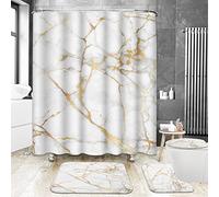 ArtSocket 4 Pcs Shower Curtain Set Marble Gold White Black Geometric Rose Stone Abstract Modern Vintage White Golden with Non-Slip Rugs Toilet Lid Cover and Bath Mat Bathroom Decor Set 72" x 72"