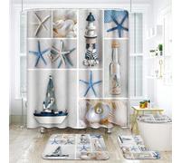ArtSocket 4 Pcs Shower Curtain Set Nautical Summer Sea Shell Beach Lighthouse Pearl Sand Seashell Bottle Blue White Ocean with Non-Slip Rugs Toilet Lid Cover and Bath Mat Bathroom Decor 72" X 72"