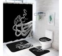ArtSocket 4 Piece Get Naked Shower Curtain Sets White Octopus Tentacles Black Vintage Sea Ocean Squid Kraken with Non-Slip Rug, Toilet Lid Cover, Bath Mat and 12 Hooks 72x72inch