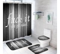 ArtSocket 4PC Funny Get Naked Grey Striped Vintage Abstract Shower Curtain Sets Bathroom Decor with Rugs, Non-Slip Rug,Toilet Lid Cover, Bath Mat and 12 Hooks 72x72 inches