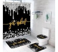 ArtSocket 4PC Gold Get Naked Shower Curtain Sets Diamond Bathroom Decor with Rugs, Non-Slip Rug,Toilet Lid Cover, Bath Mat and 12 Hooks 72x72 inches