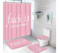 ArtSocket 4PC Pink Funny Get Naked Shower Curtain Sets Bathroom Decor with Rugs, Non-Slip Rug,Toilet Lid Cover, Bath Mat and 12 Hooks 72x72 inches