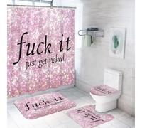 ArtSocket 4PC Pink Funny Get Naked Shower Curtain Sets Diamond Gold Bathroom Decor with Rugs, Non-Slip Rug,Toilet Lid Cover, Bath Mat and 12 Hooks 72x72inch