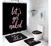 ArtSocket 4PC Pink Let's Get Naked Shower Curtain Sets Black Bathroom Decor with Rugs, Non-Slip Rug,Toilet Lid Cover, Bath Mat and 12 Hooks 72x72 inches