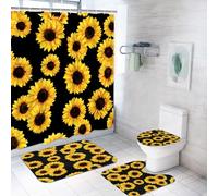 ArtSocket 4PC Shower Curtain Set with Rugs Yellow Sunflower Black Floral Leaf Bathroom Set with Non-Slip Rug Toilet Lid Cover Bath Mat and 12 Hooks 72x72 inches