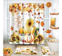 ArtSocket Autumn Sunflower Pumpkin Bathroom Set with Shower Curtain and Rug and Accessories, Orange Maple Leaf Happy Fall Shower Curtain Set for Bathroom Decor 4 Pcs