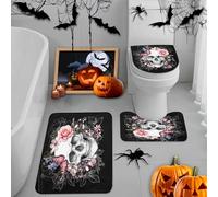 ArtSocket Bathroom Rugs and Mats Set 3 Piece, Floral Sugar Skull and Rose Absorbent Microfiber Memory Foam Bath Mat Machine Washable Bathroom Floor Mats