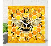 ArtSocket Bee Honeycomb Flower Wooden Wall Clock Silent Non-Ticking, Yellow Orange Kid Cute Summer Square Rustic Wall Clocks Decor for Home Kitchen Living Room Office, Battery Operated(12 Inch)
