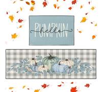 ArtSocket Blue Pumpkin Floral Kitchen Rugs and Mats Non Skid Washable Set of 2, Halloween Autumn Fall Plaid Kitchen Runner Rug,Kitchen Floor Mat Under Sink Mat Throw Rug for Doormat