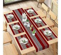 ArtSocket Burgundy Table Runner and Placemats Set of 6, Red Stripes Colorful Grey Line Vintage Abstract Art Dining Decor for Daily Use(1 Table Runner 72 inches Long and 6 Placemats)