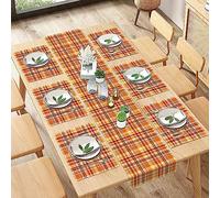ArtSocket Fall Orange Table Runner and Placemats Set of 6, Checkered Stripe Fall Autumn Halloween Thanksgiving Modern Dining Table Decor for Daily Use(1 Table Runner 72 inches Long and 6 Placemats)