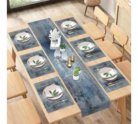 ArtSocket Farmhouse Table Runner and Placemats Set of 6, Abstract Blue Grey Gray Vintage Painting Art Dining Table Decor for Daily Use(1 Table Runner 72 inches Long and 6 Placemats)