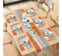ArtSocket Farmhouse Table Runner and Placemats Set of 6, Abstract Orange Grey Painting Art Dining Decor for Daily Use(1 Table Runner 72 inches Long and 6 Placemats)