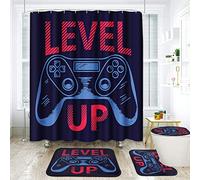 ArtSocket Fun Game Bathroom Set with Shower Curtain and Rugs Accessories, Computer Gamer Child Play Game Shower Curtain, Level Up Bathroom Decor 4 Pcs