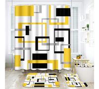 ArtSocket Geometric Yellow and Gray Bathroom Set with Shower Curtain Rugs Accessories, Black and Gray Modern Shower Curtain, Yellow Bathroom Decor 4 Pcs