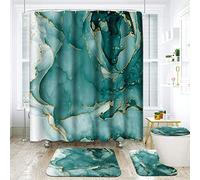 ArtSocket Green Marble Bathroom Set with Shower Curtain and Rugs Accessories, Green Gold Aquamarine Ocean Waves Shower Curtain, Abstract Bathroom Decor 4 Pcs