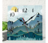 ArtSocket Green Mountain Wooden Wall Clock Silent Non-Ticking, Boho Mid Century Sun Landscape Forest Square Rustic Wall Clocks Decor for Home Kitchen Living Room Office, Battery Operated(12 Inch)