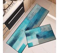 ArtSocket Kitchen Rugs and Mats Non Skid Washable Set of 2, Teal Grey Runner Rug, Green Turquoise Abstract Gray Vintage Kitchen Floor Mat Under Sink Mat Throw Rug for Doormat