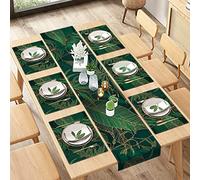 ArtSocket Palm Leaves Table Runner and Placemats Set of 6, Luxury Geometric Green Gold line Modern Tropical Dining Decor for Daily Use(1 Table Runner 72 inches Long and 6 Placemats)