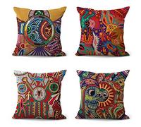 ArtSocket Set of 4 Linen Throw Pillow Covers Mexican Huichol Decorative Pillow Cases Home Decor Square 18x18 inches Pillowcases