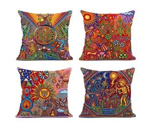 ArtSocket Set of 4 Linen Throw Pillow Covers Mexican Huichol Decorative Pillow Cases Home Decor Square 18x18 inches Pillowcases